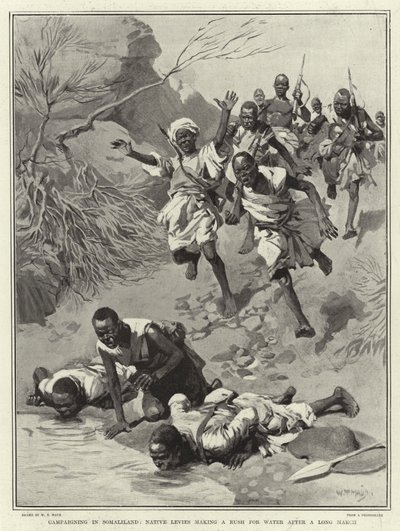 Campagne in Somaliland, inheemse troepen haasten zich naar water na een lange mars door William T. Maud